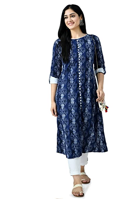 Dark blue kurti with embroidery and prints and printed pink skirt - Kurti  Fashion