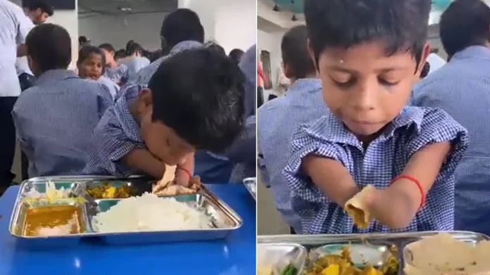 Broke the bread with his mouth, then the school child without hands ate the food like this; Millions of people were in tears after watching the video