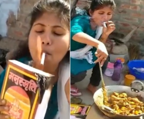 Video of a girl smoking cigarettes and cooking chicken by burning Manusmriti went viral on social media, then clarified like this