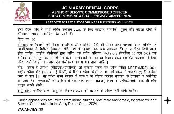 Indian Army Bharti 2024: Opportunity to become an officer in Army Dental Corps without examination, will get salary up to 1 lakh 93 thousand