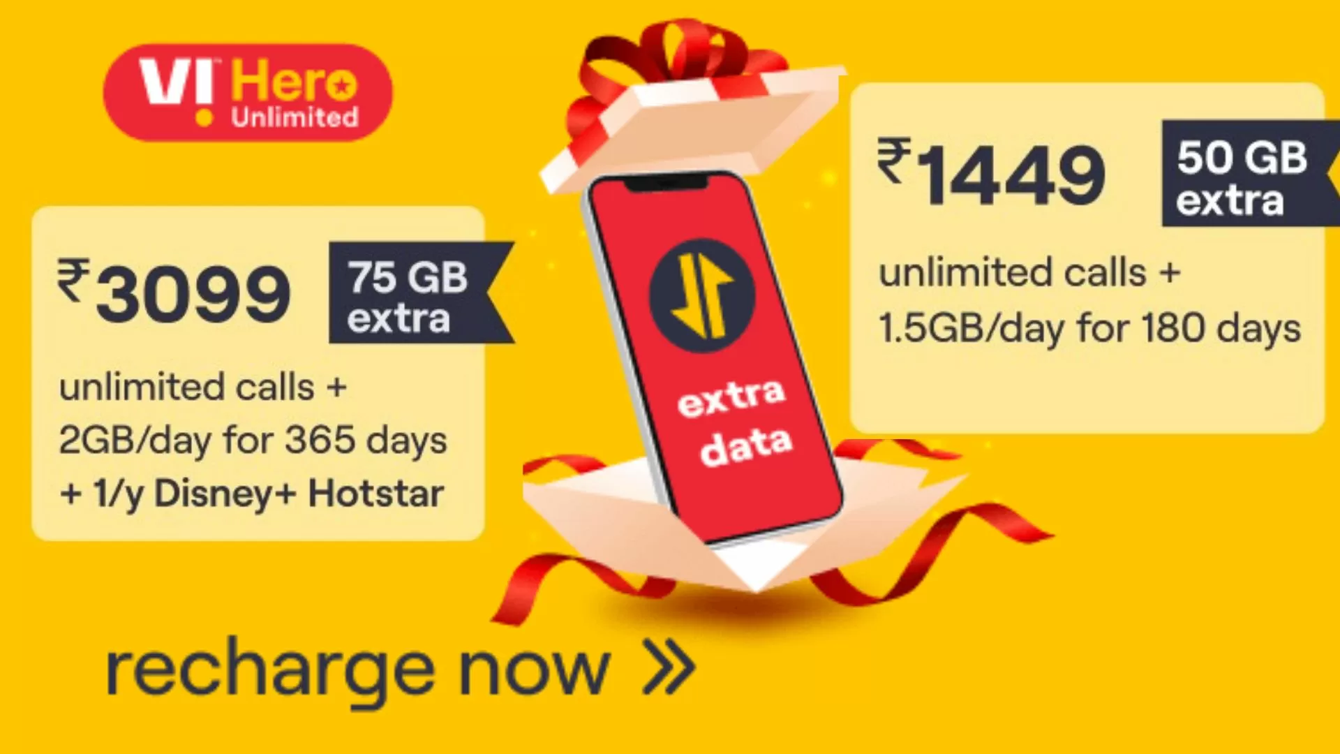 Vi Hero Unlimited Extra Data Offer, up to 75GB free data and Disney + Hotstar subscription