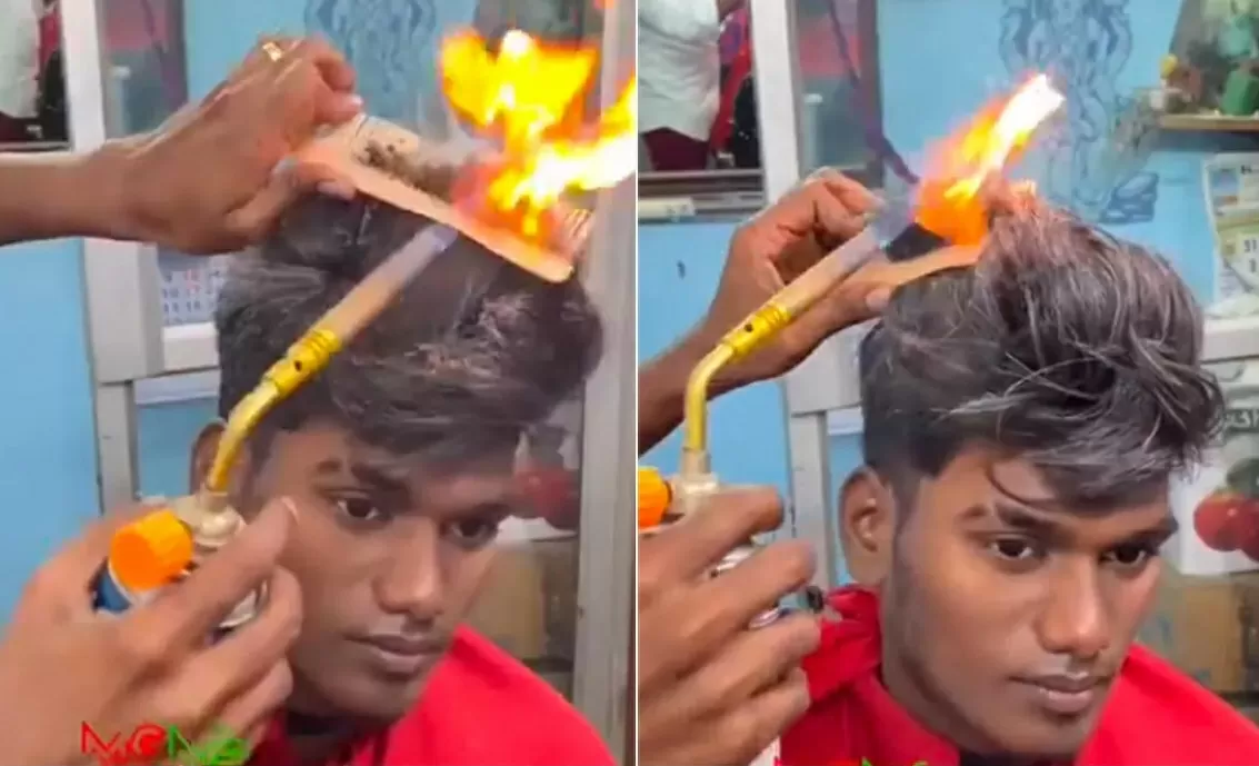 Barber cut customer's hair with flames and not with scissors, viral video created a stir on the internet Barber cut customer's hair with flames and not with scissors, viral video created a stir on the internet